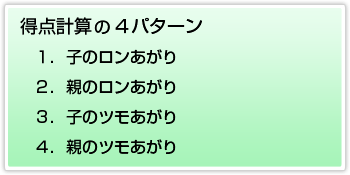 得点計算の４パターン １．子のロンあがり ２．親のロンあがり ３．子のツモあがり ４．親のツモあがり