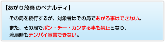 【あがり放棄が発生した場合】 その局を続行するが、対象者はその局であがる事はできない。また、その局でポン・チー・カンする事も禁止となり、流局時もテンパイ宣言できない。